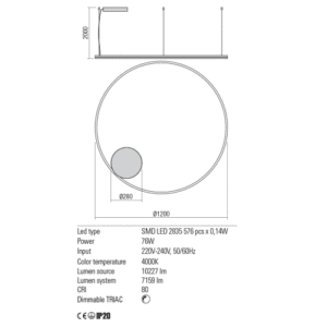 Пендел LED Redo Orbit 76W 4000K димируем бял - Снимка 2