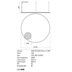 Пендел Redo Orbit LED 76W 3000K димируем, черен - Снимка 2