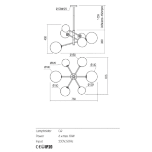 Полилей със 6 фасунги G9 Redo 01-2780 златист - Image 2