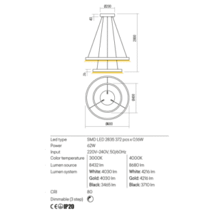 Пендел LED Redo FEBE SWH 62W 3000K с димер - Image 2