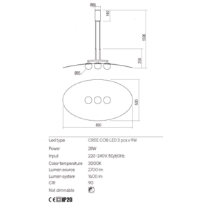 Пендел LED Redo CODY 3x9W, 1600lm, топла светлина - Image 2