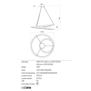 Пендел LED Redo Storm CCT 7.2W, димер, 5715lm - Image 2