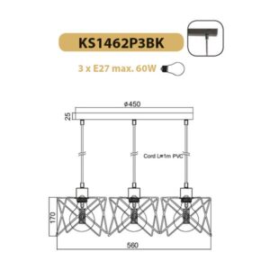Полилей ACA Lighting KS1462P3BK Andy 3xE27 3x60W черен - Image 2