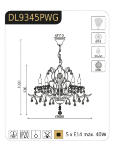Полилей метал и стъкло ACA LIGHTING DL9345PWG 5x40W E14 - Image 2