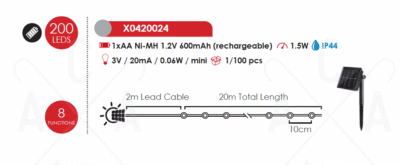 LED светещ гирлянд ACA LIGHTING X0420024 1,5W 4000K 20000mm SOLAR SILVER LED STRING LIGHT WITH COPPER WIRE IP44 - Снимка 2