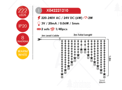 LED светещ гирлянд ACA LIGHTING X042221210 2W 2700K 3000mm LED PLASTIC STARS CURTAIN LIGHTS WITH 8 PROGRAMS - Image 2
