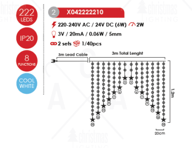 LED светещ гирлянд ACA LIGHTING X042222210 2W 12000K 3000mm LED PLASTIC STARS CURTAIN LIGHTS WITH 8 PROGRAMS - Image 2