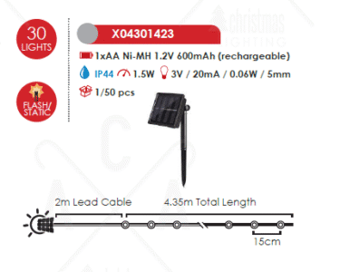 Гирлянд соларен LED ACA Lighting X04301423 1,5W 3000K 4,35м - Image 2