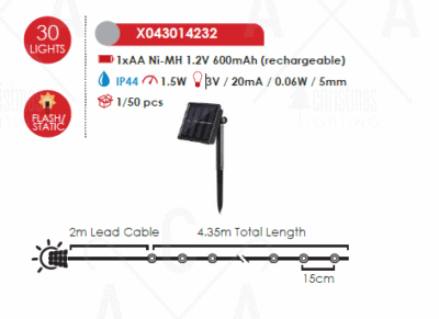 Гирляндa LED слънчева ACA Lighting X043014232 1.5W 3000K IP44 - Image 2