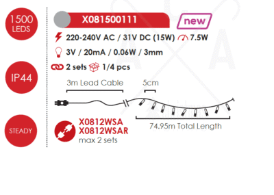 Гирлянд светодиоден ACA Lighting 75W 2700K 75м зелен - Image 3