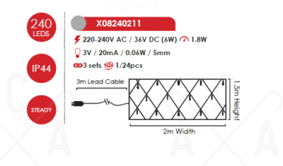LED светещ гирлянд ACA LIGHTING X08240211 1.8W 12000K 2000mm LED STEADY NET LIGHTS WITH GREEN CABLE IP44 - Image 2
