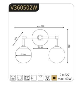 Осветително тяло 2x40W ACA Lighting Thetis, месинг/бял - Снимка 3