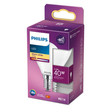 LED крушка P45 E14 – Philips, 470 lm, 2700 K (топло бяло), екв. 40 W, ъгъл 300°, 220–240 V, бяло стъкло - Image 2